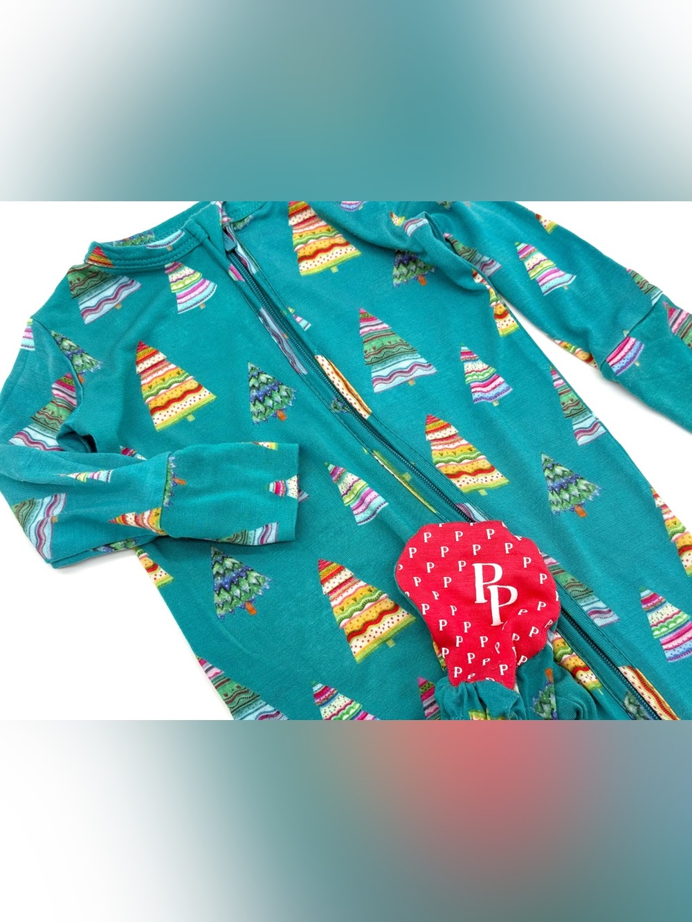 GUC Posh Peanut Baby Sierra Christmas Tree Bamboo Viscose Footie in Teal 3-6M